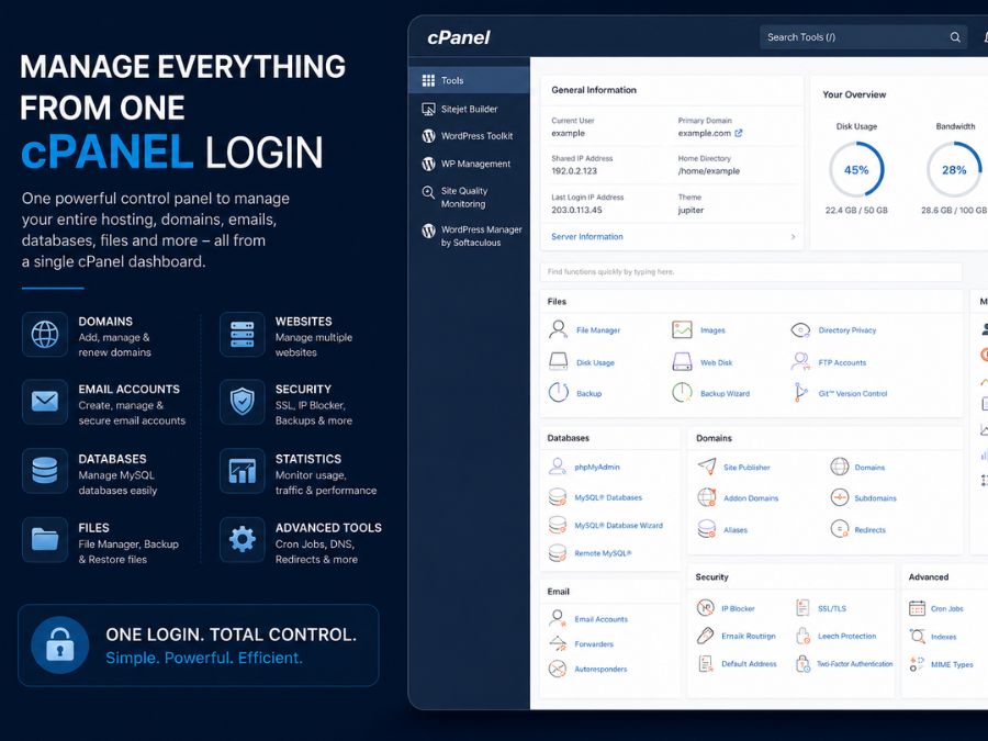 cPanel dashboard shown on a laptop screen